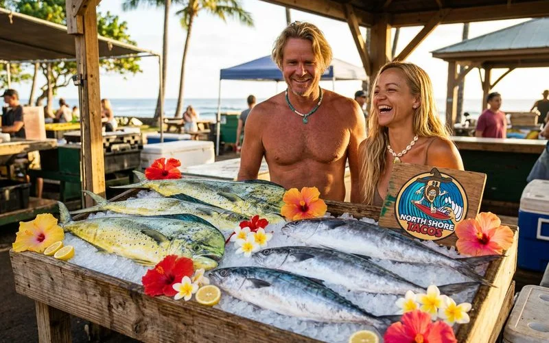A beautiful display of freshly caught Hawaiian fish varieties including mahi-mahi and ono laid out on ice with tropical flowers and lemon garnish