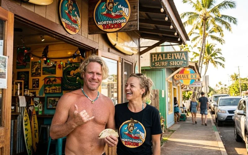 The charming surf town of Haleiwa with colorful storefronts, vintage signage, palm trees, and local art displayed along the main street