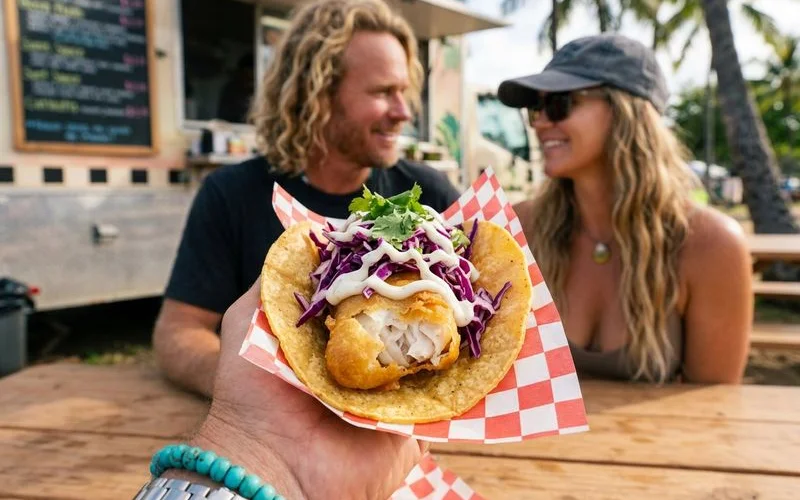 A close-up of a perfectly golden beer-battered fish taco with crispy cabbage shreds and a drizzle of creamy white surf sauce on a corn tortilla