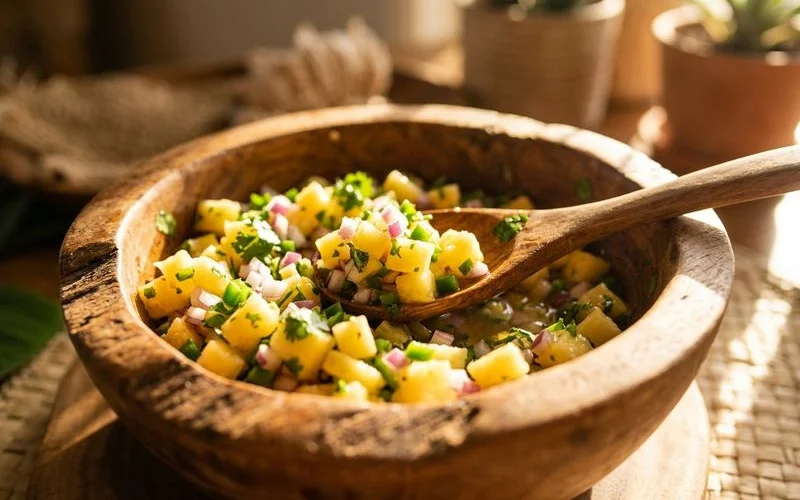 Close-up of vibrant fresh pineapple salsa being prepared in a wooden bowl with diced pineapple, red onion, cilantro, and fresh jalapeño peppers
