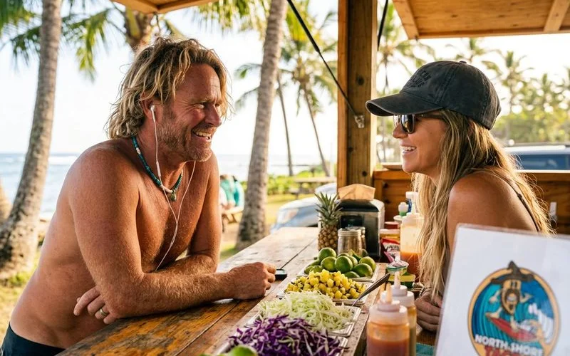 Colorful array of Baja-style taco toppings including shredded cabbage, pineapple salsa, limes, and creamy surf sauce in small bowls