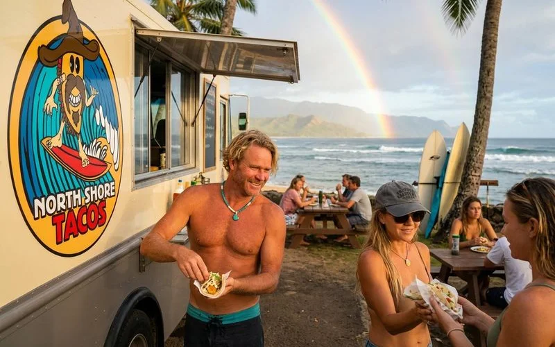 A colorful food truck with surfer vibes serving fish tacos to beachgoers near Sharks Cove with surfboards and palm trees in the background