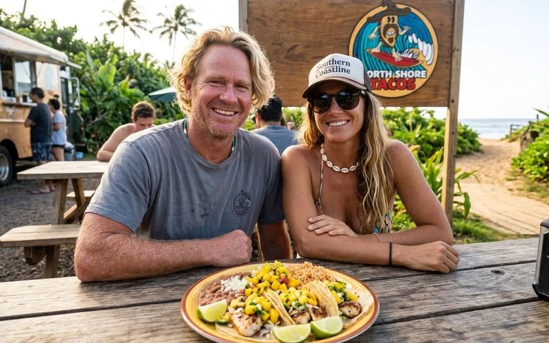 A colorful gluten-free taco plate with grilled fish on corn tortillas, served with rice, beans, fresh salsa, and lime wedges on a vibrant plate