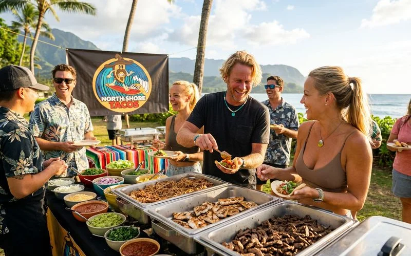A bustling corporate lunch event with employees building their own tacos at a colorful self-serve station with multiple protein and topping options
