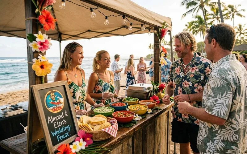 An elegantly decorated taco catering station at a beach wedding with string lights, fresh flowers, and colorful taco toppings displayed in rustic bowls