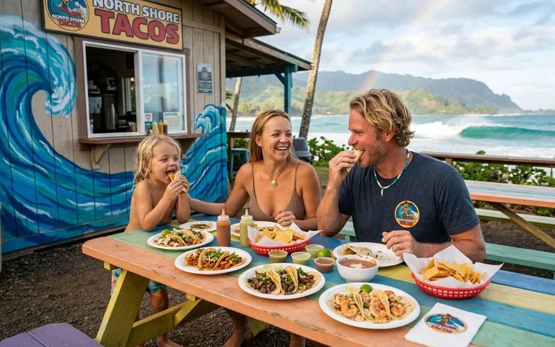 A family enjoying different varieties of tacos at a colorful outdoor table with ocean views and tropical plants