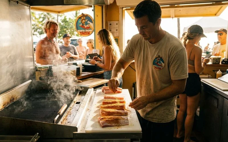 Fresh mahi-mahi being prepared for Baja-style tacos in an open kitchen with a cook seasoning the fish