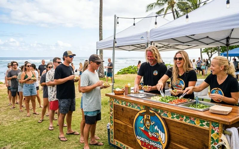 Happy guests at an outdoor event lined up at a well-organized taco bar station with smiling catering staff serving fresh food