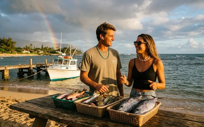 A Hawaiian fishing boat returning to the North Shore harbor at dawn with the morning light illuminating catch baskets full of fresh fish