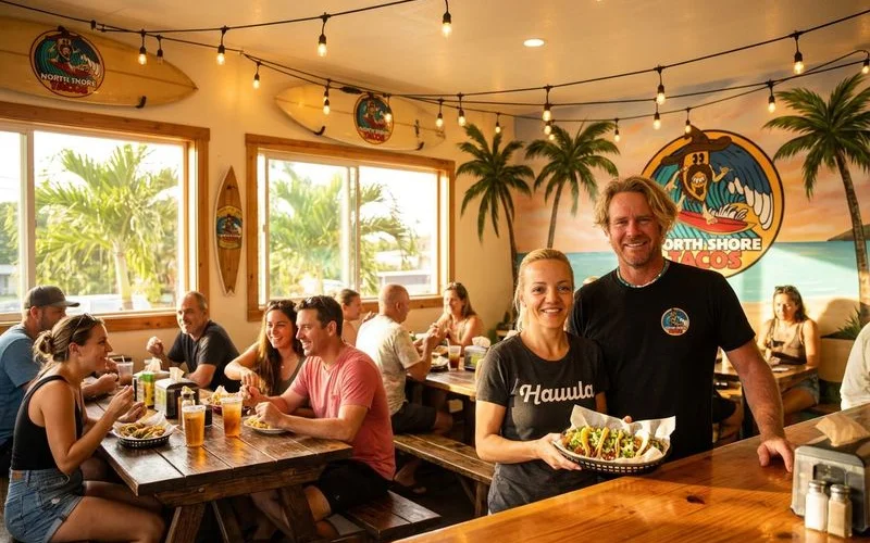 The interior of North Shore Tacos Hauula restaurant showing the warm casual atmosphere with surfboard decorations, string lights, and happy diners at rustic tables
