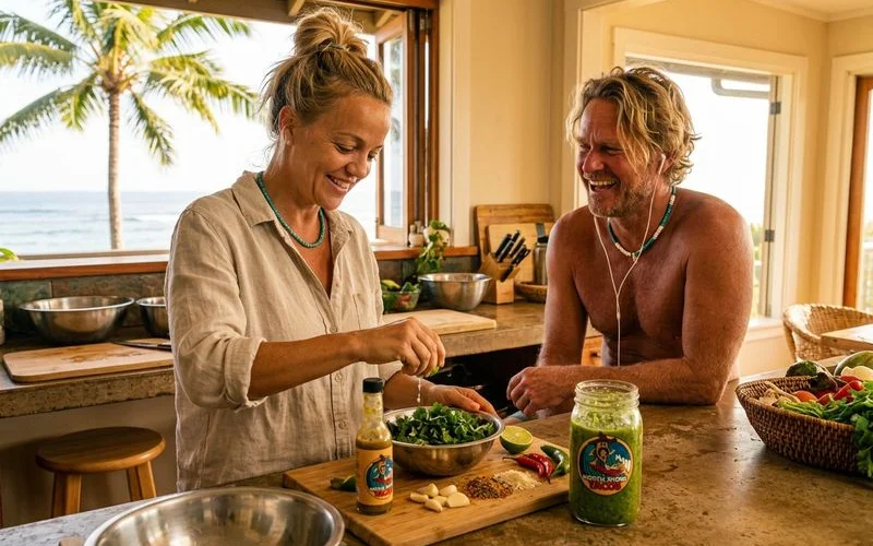 A kitchen workspace showing various fresh ingredients including limes, herbs, garlic, and spices used in making the signature surf sauce