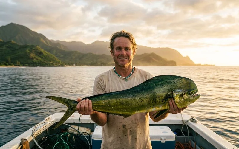 A local Hawaiian fisherman on a boat at sunrise holding freshly caught mahi-mahi with the North Shore coastline in the background