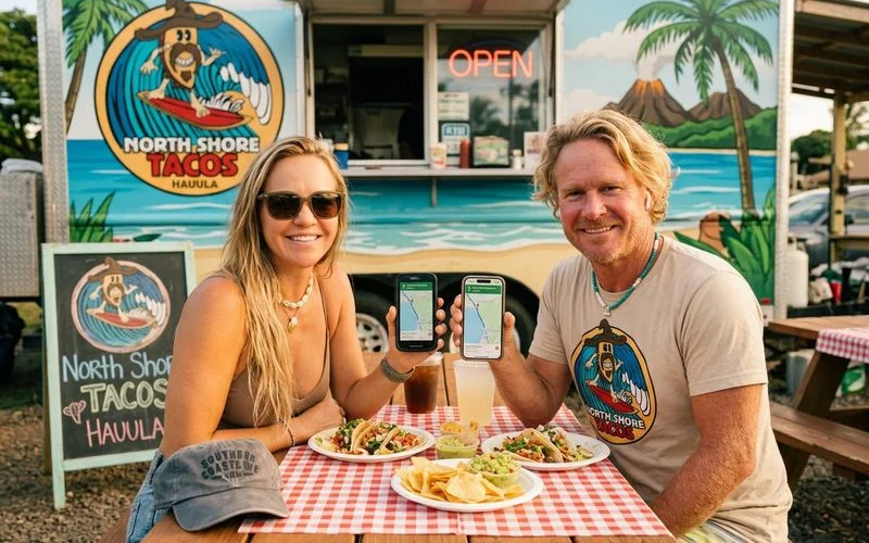 A simple map illustration showing the short distance between the Polynesian Cultural Center in Laie and North Shore Tacos in Hauula along the Kamehameha Highway coastline