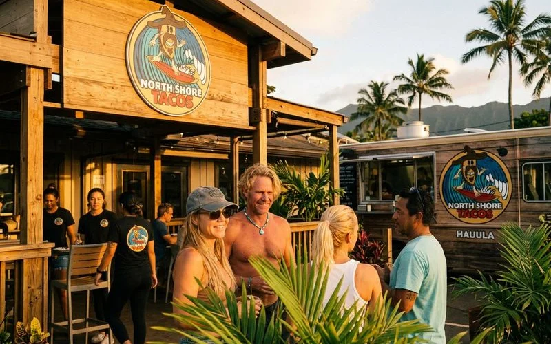 The exterior of North Shore Tacos Hauula restaurant at golden hour with warm lighting, outdoor seating area, and tropical plants surrounding the entrance