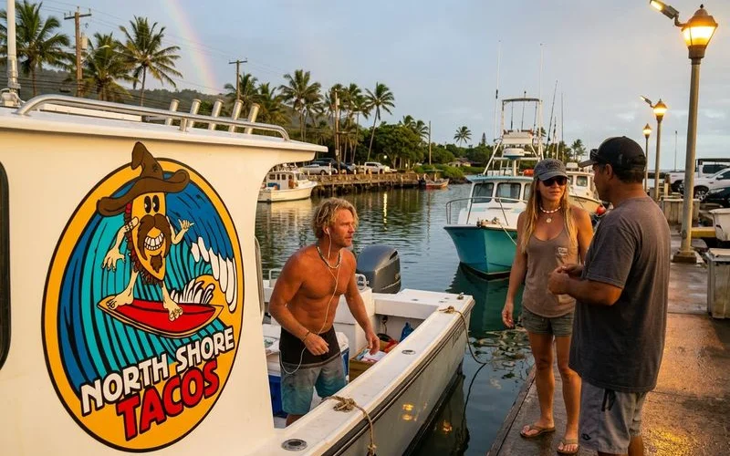 A pre-dawn scene at a small North Shore harbor with fishing boats preparing to head out, dock lights reflecting on calm dark water