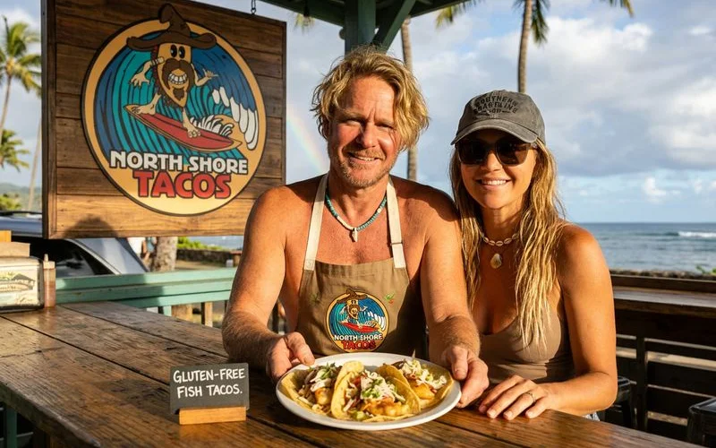 A scenic view of the North Shore coastline with a selection of gluten-free meal options displayed in the foreground on a picnic blanket