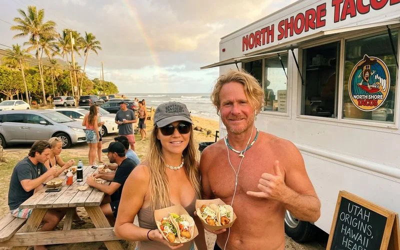 A split image showing the dry Utah mountain landscape on one side and the lush tropical North Shore of Oahu on the other side