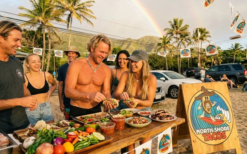A team building event where groups of coworkers are creatively assembling gourmet tacos together around a decorated table with colorful ingredients