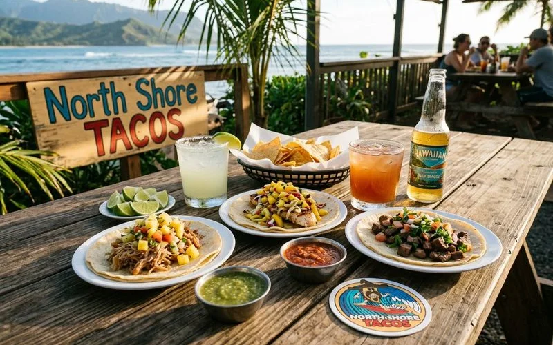 A top-down view of a full spread of Hawaiian-Baja fusion tacos, sides, tropical drinks, and fresh salsas arranged on a rustic outdoor table