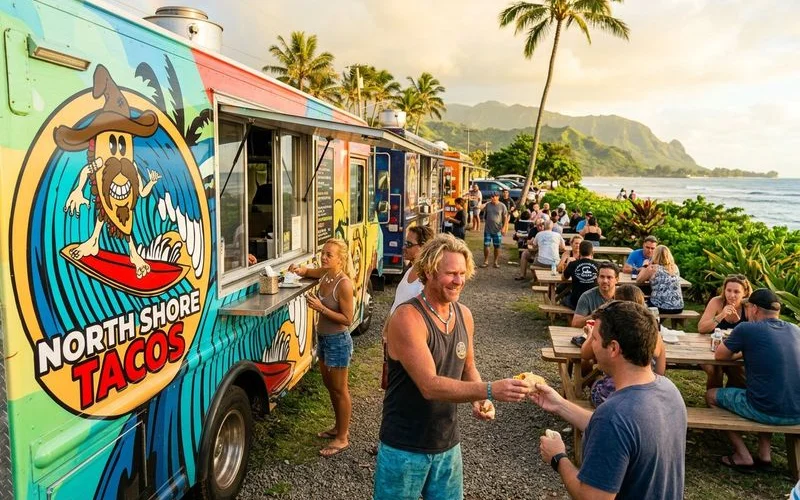 A vibrant modern food truck scene on the North Shore with diverse cuisine options, tropical landscaping, and a mix of locals and tourists gathered around picnic tables