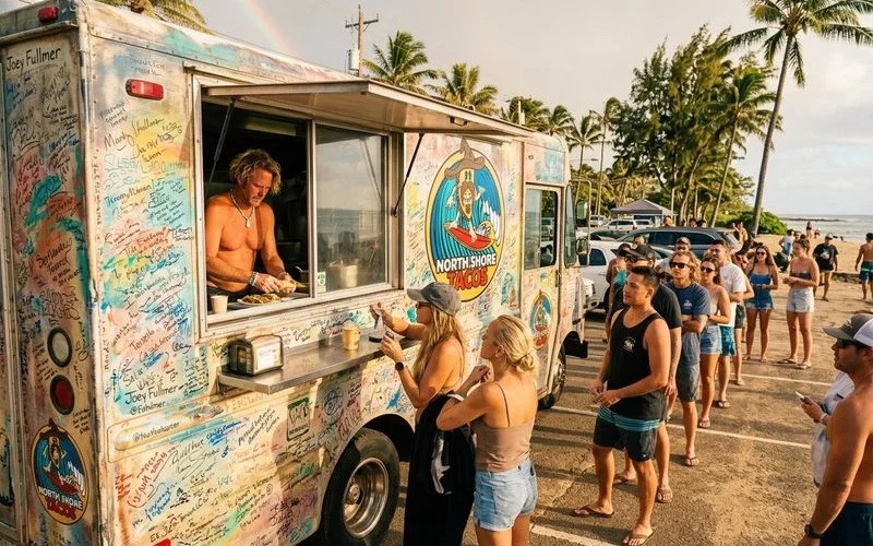 A vintage photograph style image of an old weathered shrimp truck in Kahuku covered in colorful customer signatures with people waiting in line
