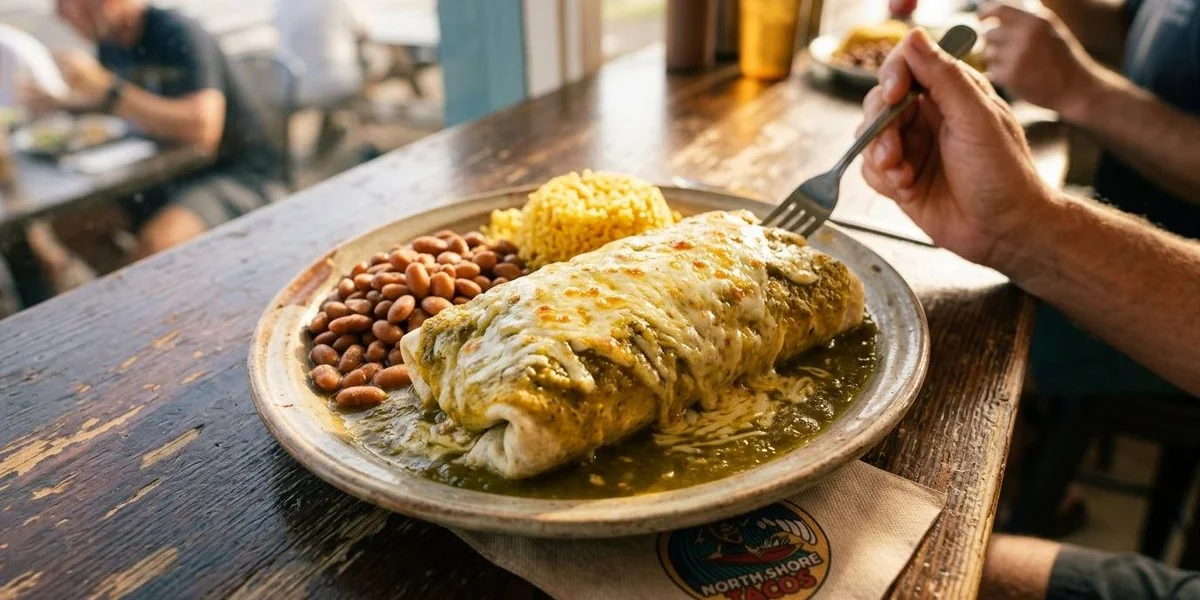 Beach Burrito smothered in green sauce